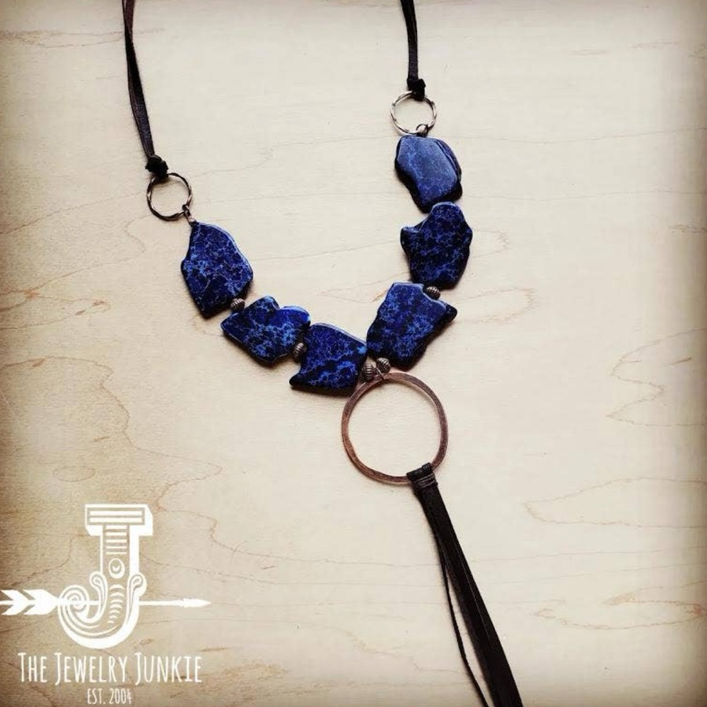 Navy Regalite Slab Necklace with Genuine Long Leather Tassel